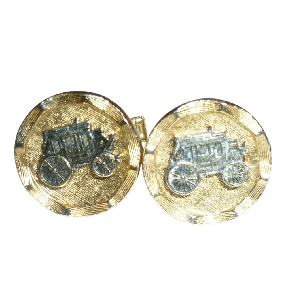Vintage Mens‎ Round Stagecoach Cufflinks Gold Silver Two Tone Western Carriage